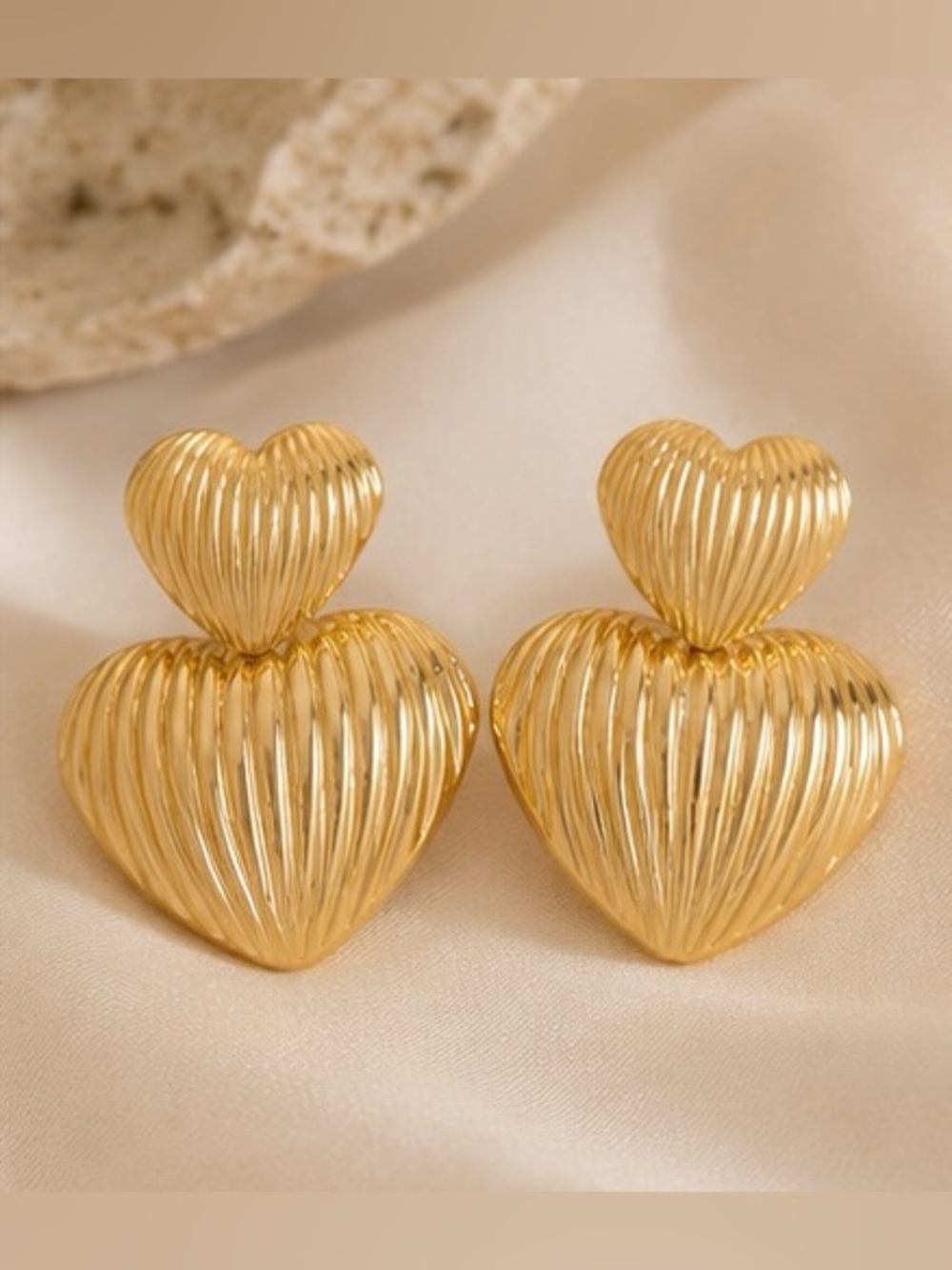 Gold-Tone Double Heart Statement Earrings – Textured Drop Earrings